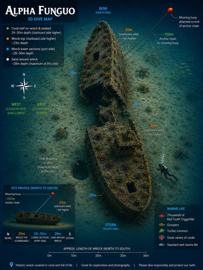 MV Alpha Funguo Diani, Kenya - Dive Site Map 