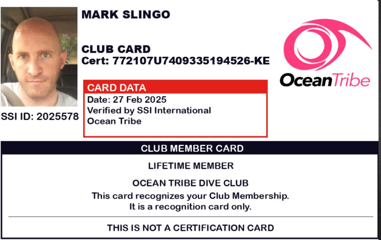 Back of the Ocean Tribe Dive Club membership card