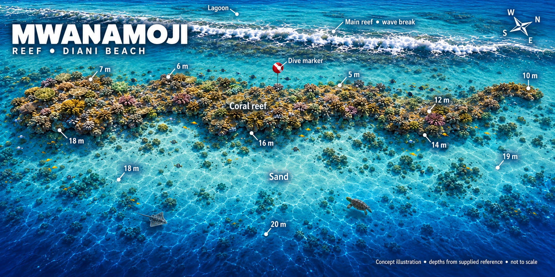 Mwanamoji dive-site map
