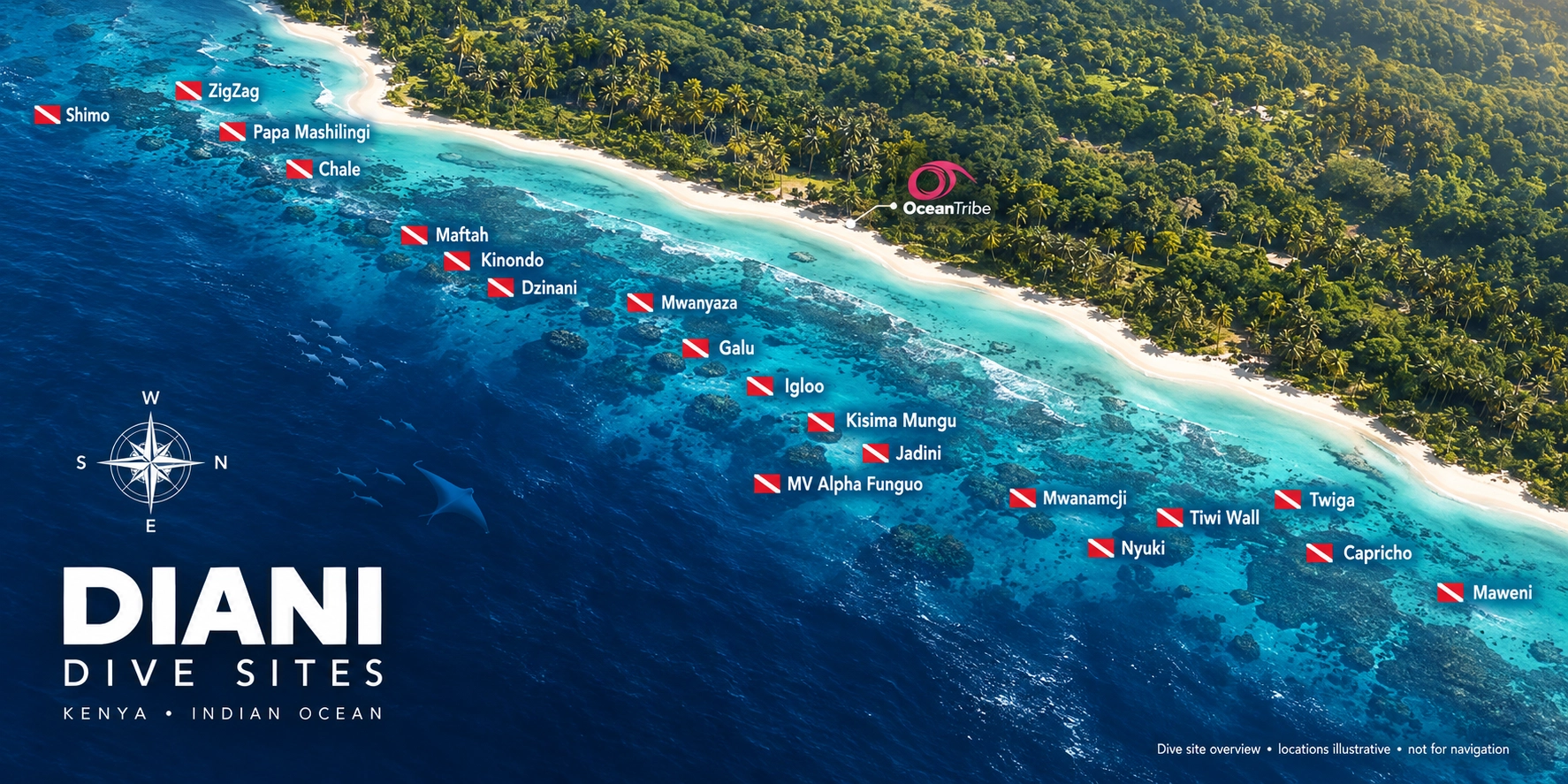 Map of the scuba diving sites around Diani Beach, Kenya