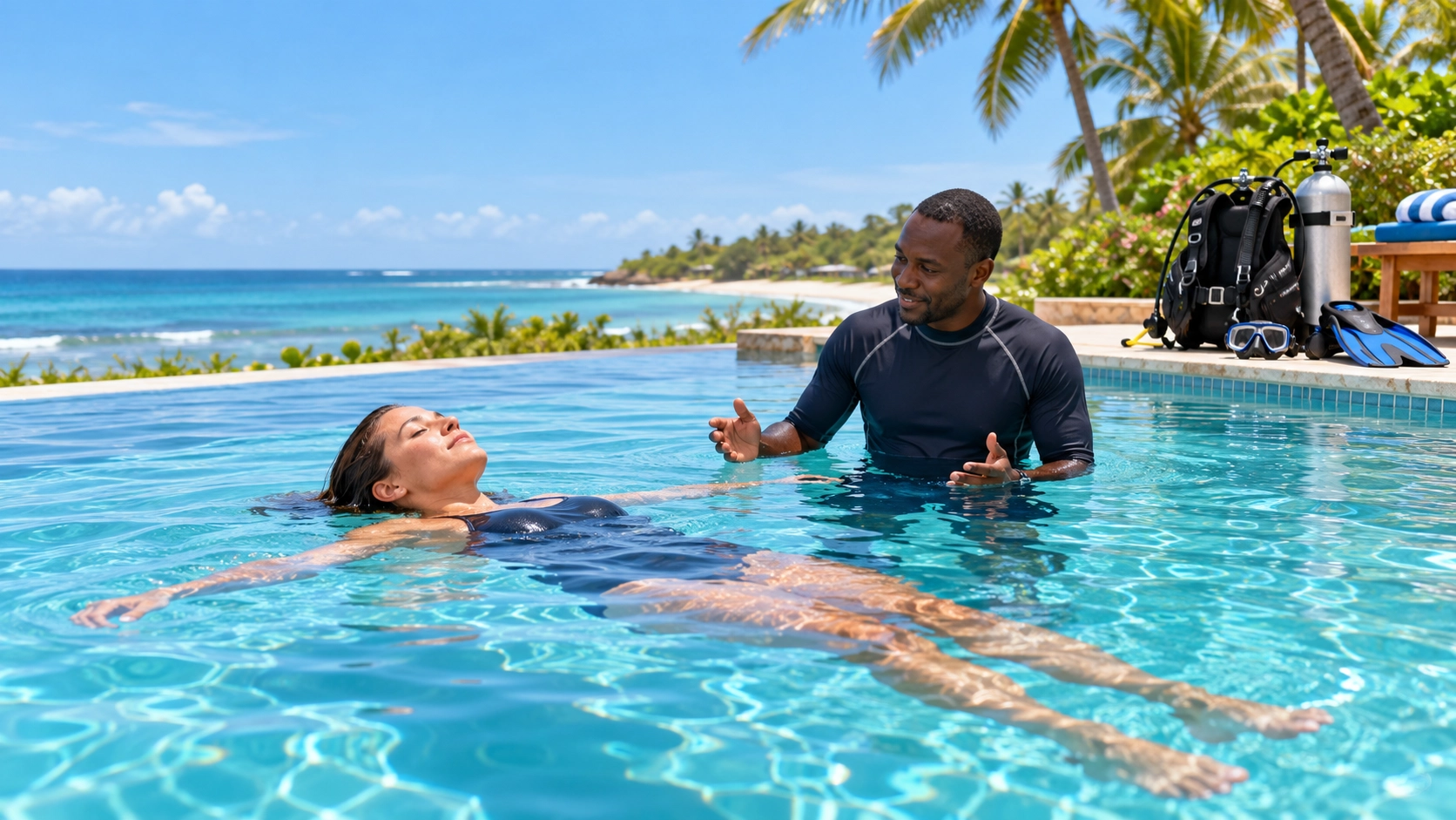 A learner practising floating beside an instructor in a swimming pool