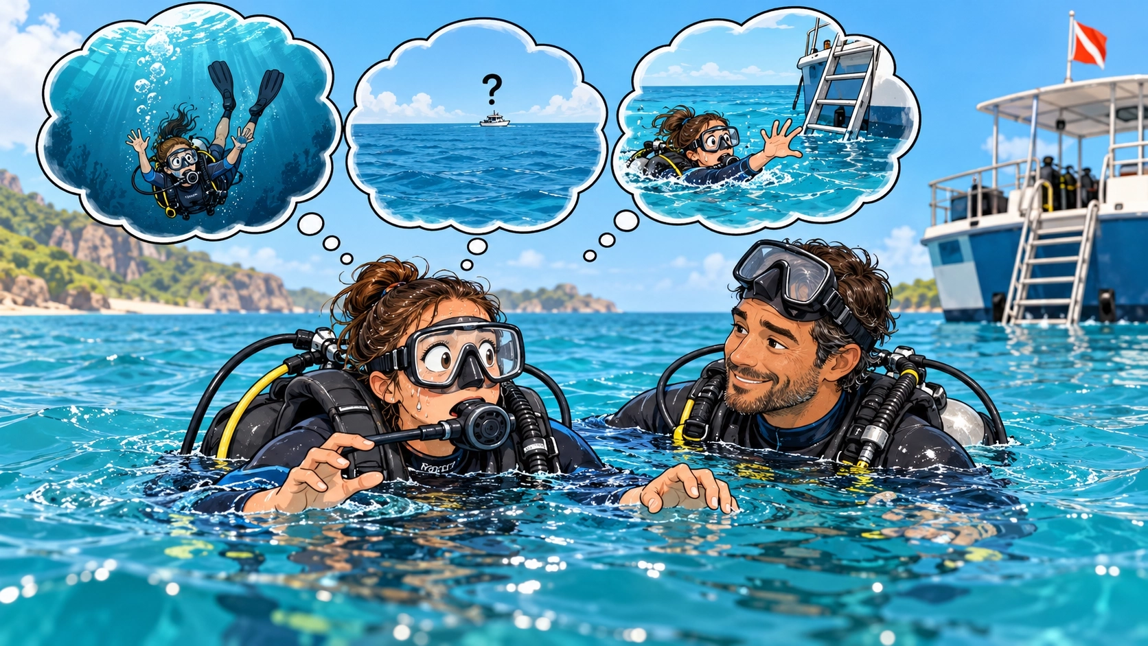 Illustration of a nervous scuba diver considering swimming and surface confidence